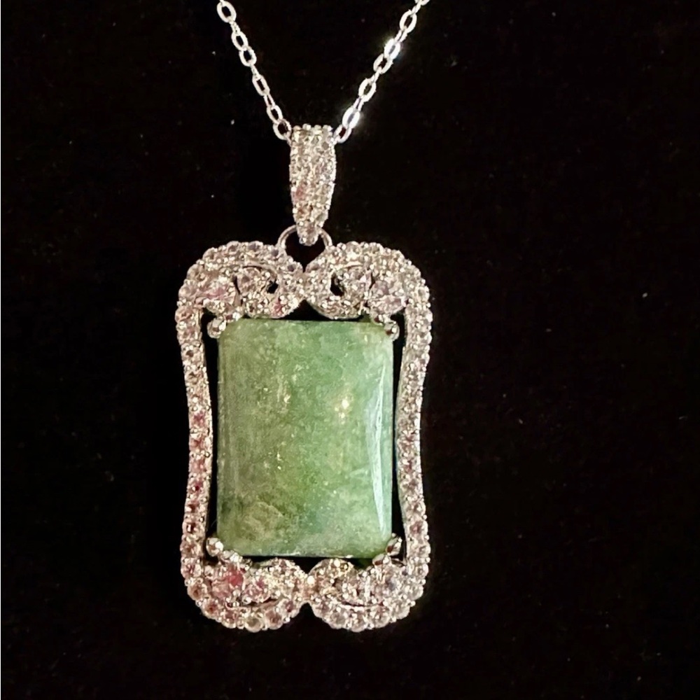 925 Silver Green Beryl (Emerald) & White Sapphire Pendant by Orianne 18” Lot 205